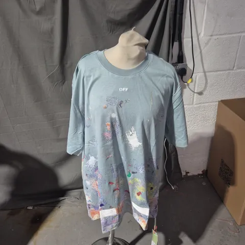 OFF-WHITE C/O VIRGIL ABLOH T-SHIRT WITH PAINT-SPLATTER PRINT – LIGHT BLUE/GREY SIZE M 