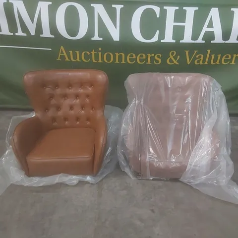 2 X TAN LEATHER UPHOLSTERED CHAIRS - MISSING LEGS