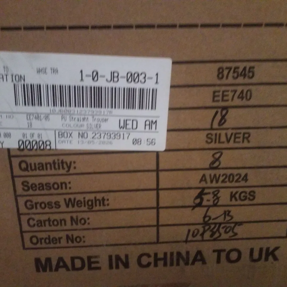 BOX CONTAINING APPROXIMATELY 8 BRAND NEW JD WILLIAMS SILVER PU STRAIGHT TROUSERS - SIZE 18