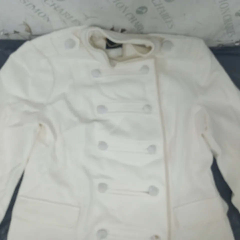 JM FASHION BY JULIEN MACDONALD MIDI LENGTH DRUMMER COAT IN WHITE SIZE 12