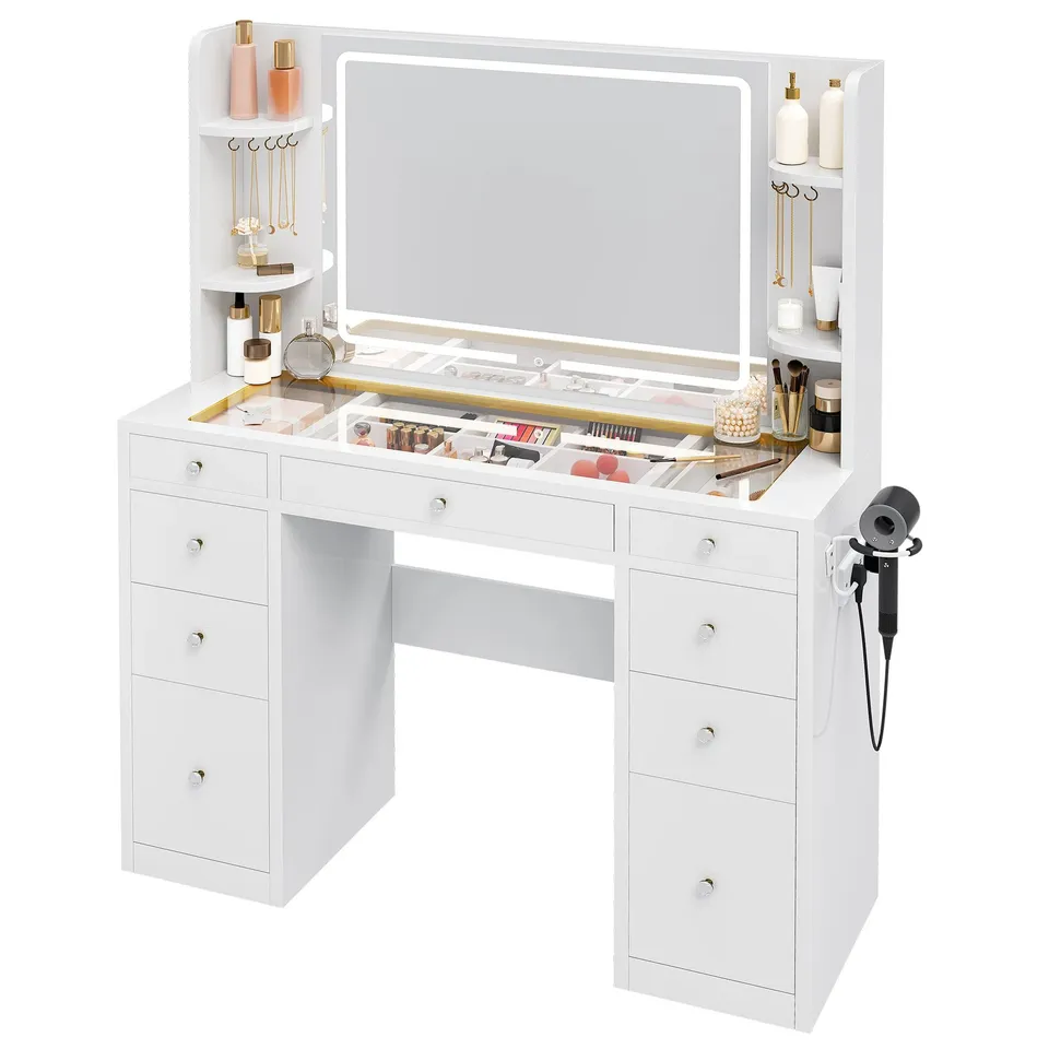 BOXED 9-DRAWER DRESSING TABLE WITH ADJUSTABLE LED LIGHTING AND SOCKETS 