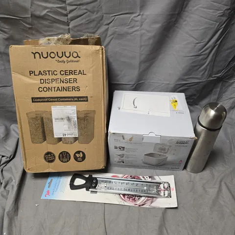 BOX OF APPROXIMATELY 10 ASSORTED HOUSEHOLD ITEMS TO INCLUDE - THERMOS - FOOD WASTE CADDY - PLASTIC CEREAL DISPENSER CONTAINERS - ETC