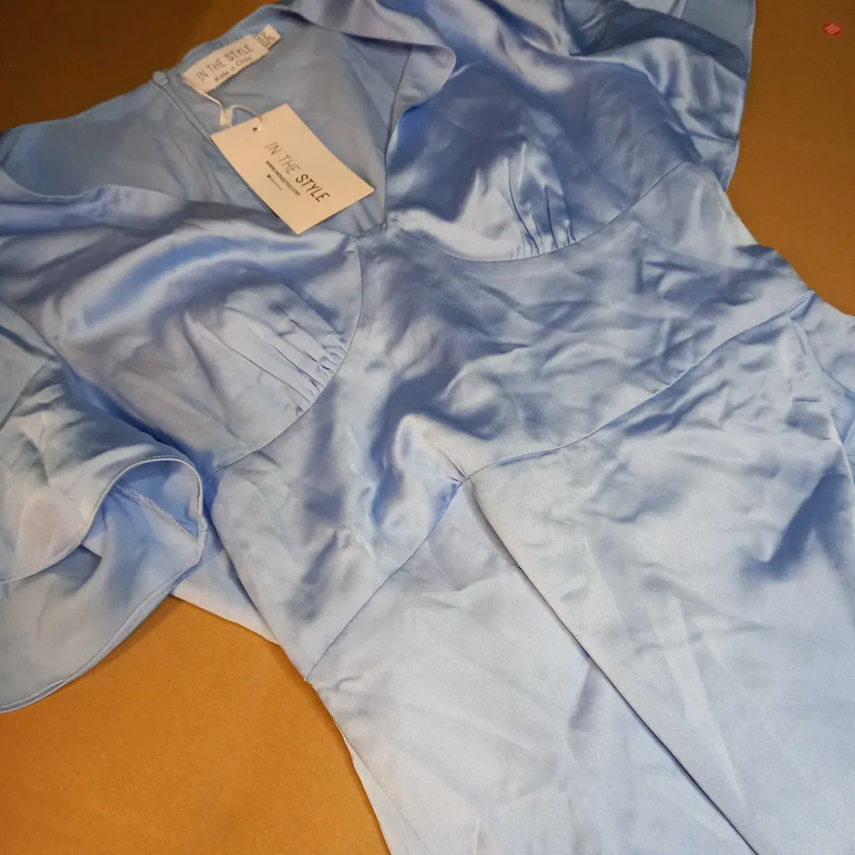INTHESTYLE BLUE SATIN RUFFLE MIDI DRESS - SIZE 12