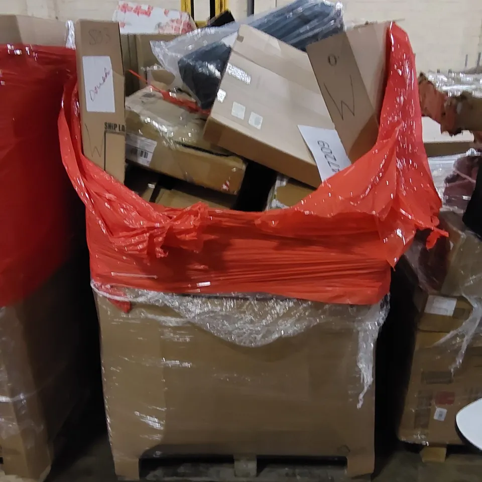 PALLET TO CONTAIN ASSORTED HOUSEHOLD ITEMS AND CONSUMER PRODUCTS. INCLUDING INFLATABLE PADDLE BOARD, AIR FRYER, CLOCK, BOXED FURNITURE ETC 