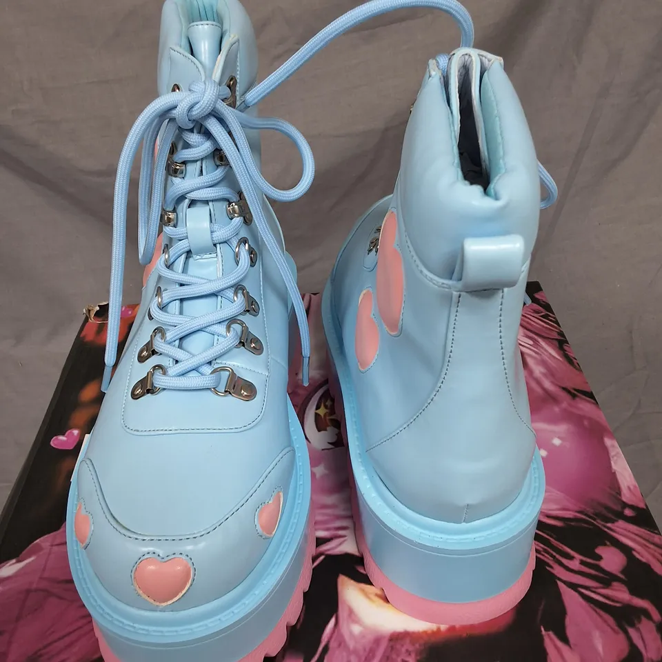KOI CHIBI CHERUB KAWAII HEART BOOTS IN BLUE - UK 6