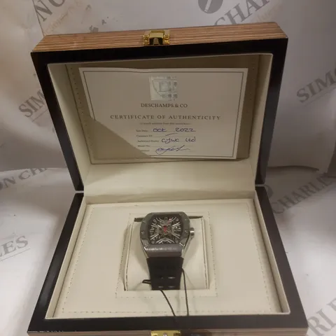 MENS AUTOMATIC DESCHAMPS & CO WATCH β SKELETON DIAL β GLASS EXHIBITION BACK CASE β RUBBER STRAP β WOODEN GIFT BOX