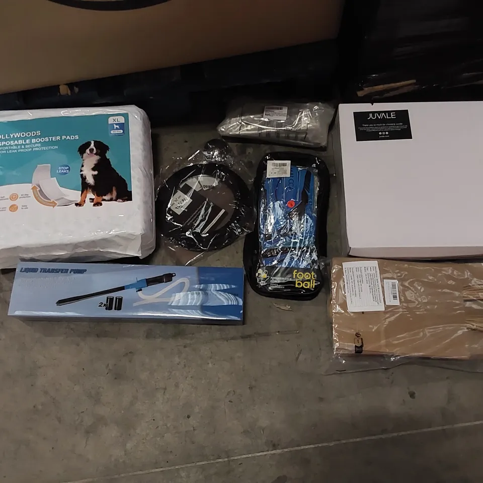 PALLET OF ASSORTED ITEMS INCLUDING: GLASS CANDLE HOLDERS, LIQUID TRANSFER PUMP, FOOTBALL GLOVES, DOG BOOSTER PADS, PAN LIDS, BAGS, CABINET HANDLES