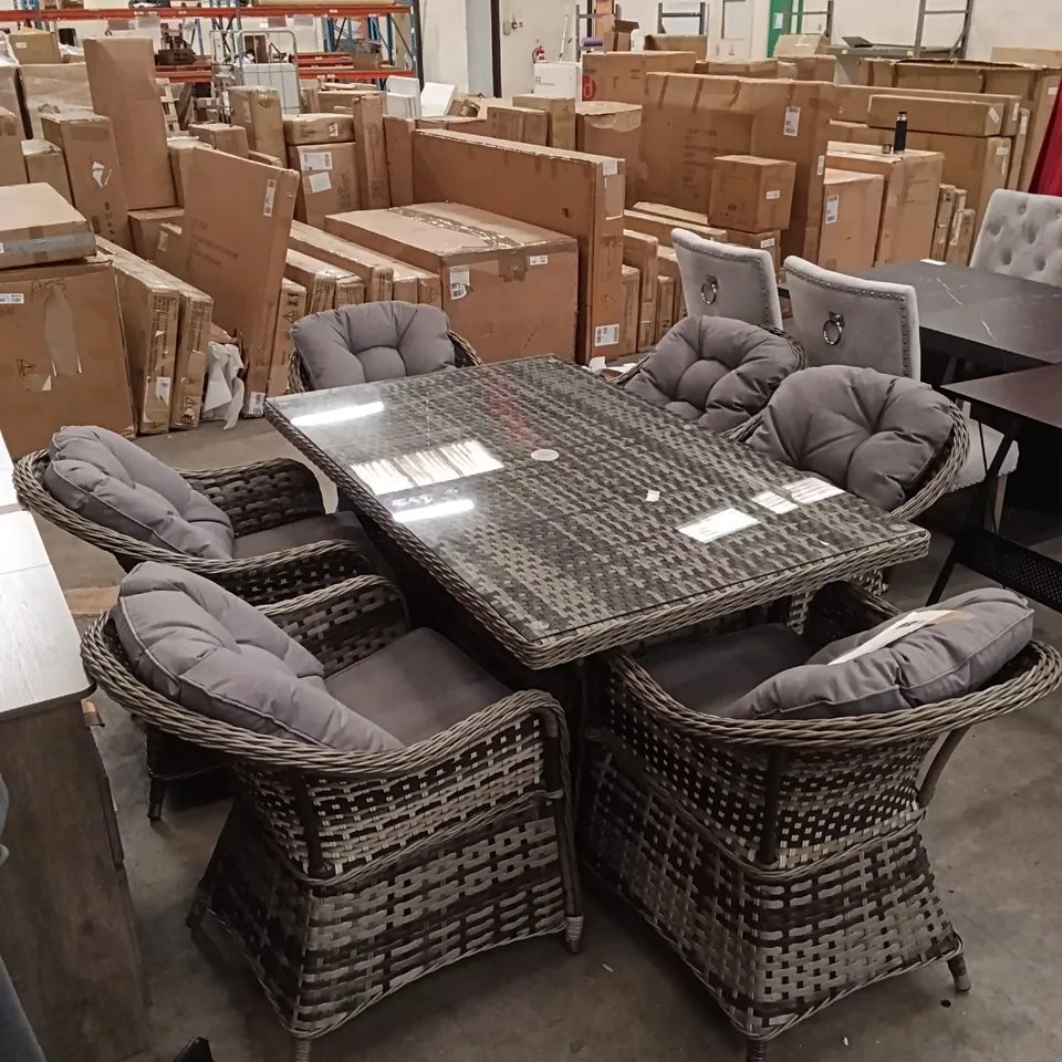 OUTDOOR RATTAN DINING SET WITH A TEMPERED GLASS TABLE TOP (7 PARTS) - GREY
