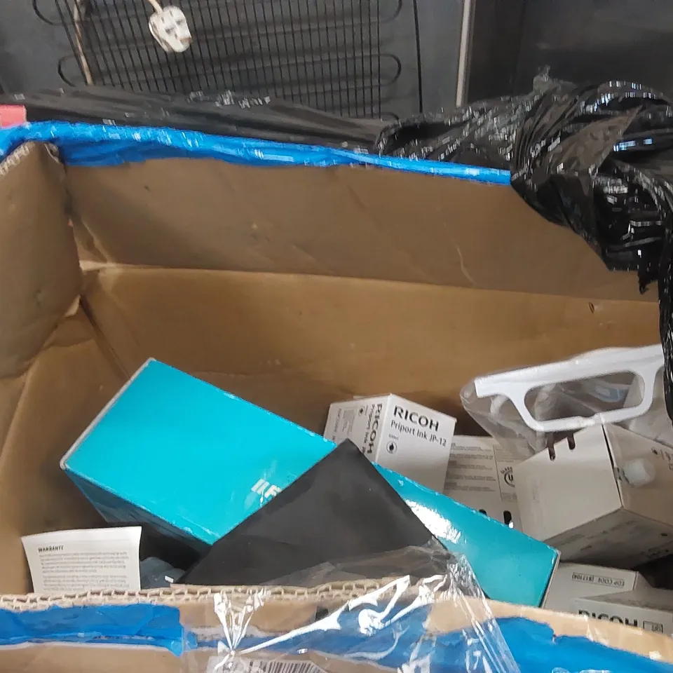 PALLET CONTAINING A LARGE ASSORTMENT OF OFFICE SUPPLIES INCLUDING: HEADSETS, ASSORTED WIRES/POWER CABLES, CANON/HP INK CARTRIDGES ECT
