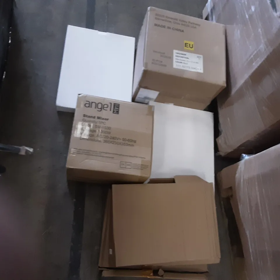 PALLET OF ASSORTED PRODUCTS INCLUDING ANGEL MINI STAND MIXER, WIRE BASKET, DONYER POWER ELECTRIC PATIO HEATER, HOMIDEC CLOTHES RACK, BFULL POP-UP TENT, PCC DOUBLE KIDD'S ARMCHAIR