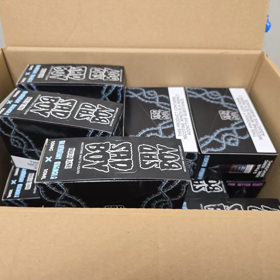 BOX OF APPROXIMATELY 15 ASSORTED SAD BOY E-LIQUID PRODUCTS TO INCLUDE - BLUEBERRY GRANOLA & HAPPY END PINK COTTON CANDY 
