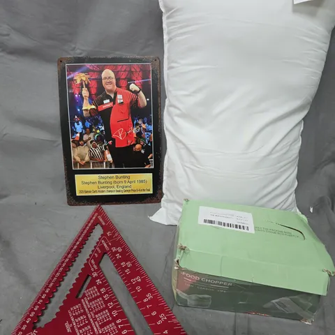 APPROXIMATELY 15 ASSORTED HOUSEHOLD PRODUCTS TO INCLUDE WALL ART, FOOD CHOPPER, MINI PILLOW ETC 