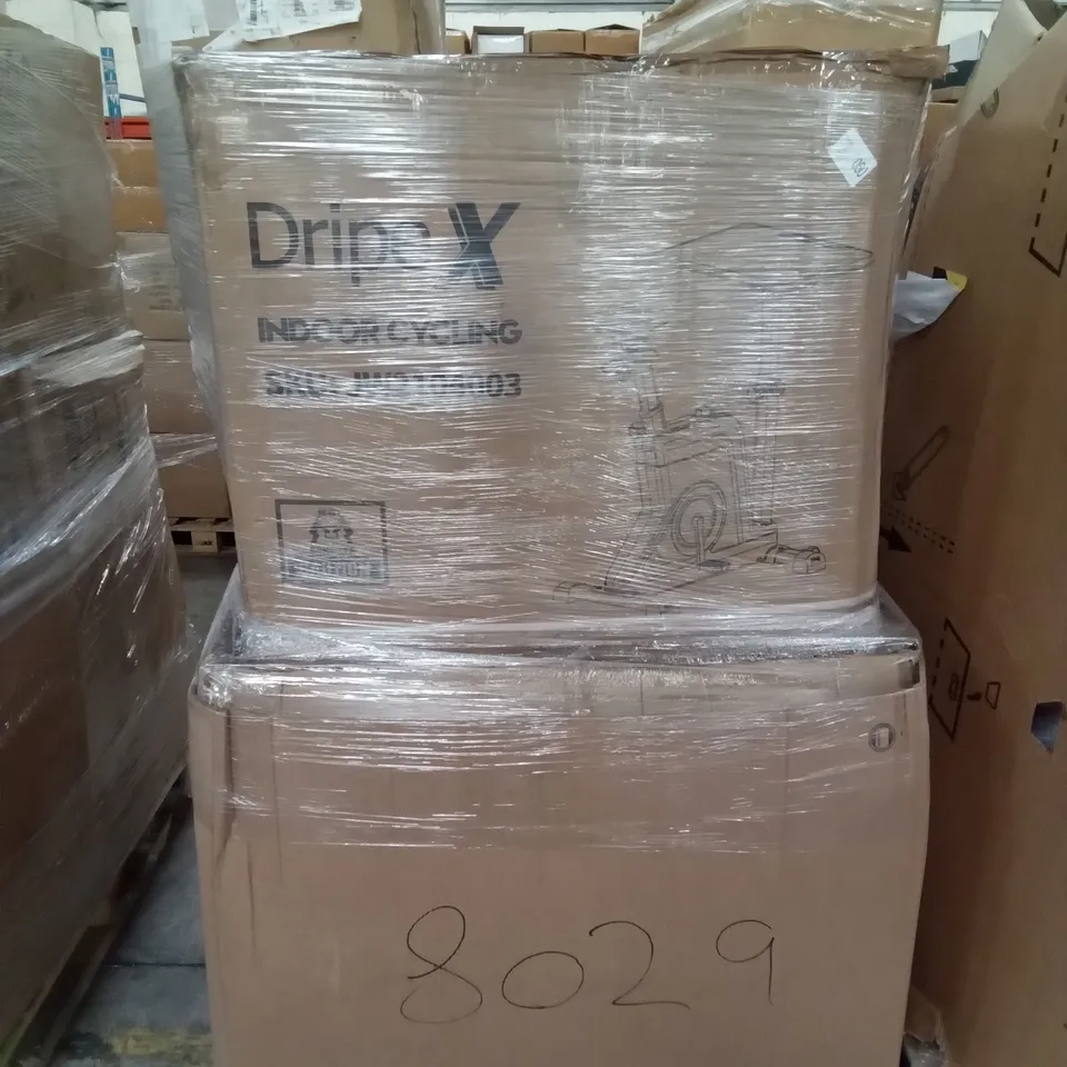 PALLET OF ASSORTED ITEMS INCLUDING DRIPEX INDOOR CYCLING MACHINE, TREADMILL, ELLIPTICAL MACHINE