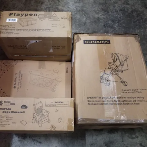 PALLET CONTAINING ASSORTED PRODUCTS INCLUDING PLAYPEN, STROLLER, ACTIVITY WALKER & RATTAN BABY WALKER