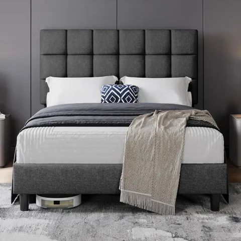 BOXED YAHEETECH 4FT6 DOUBLE BED FRAME UPHOLSTERED PLATFORM BED WITH ADJUSTABLE SQUARE TUFTED HEADBOARD/LINEN FABRIC/STURDY WOODEN SLAT SUPPORT/NO BOX SPRING NEEDED, DARK GREY