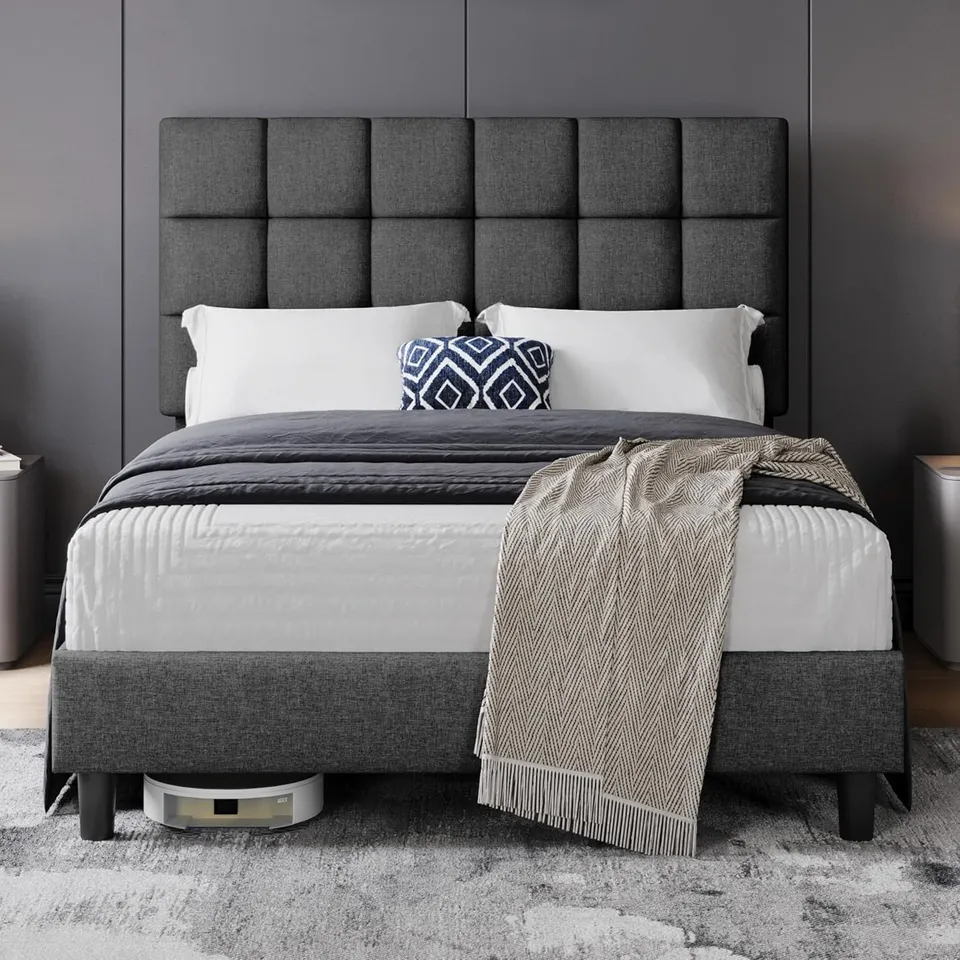 BOXED YAHEETECH 4FT6 DOUBLE BED FRAME UPHOLSTERED PLATFORM BED WITH ADJUSTABLE SQUARE TUFTED HEADBOARD/LINEN FABRIC/STURDY WOODEN SLAT SUPPORT/NO BOX SPRING NEEDED, DARK GREY