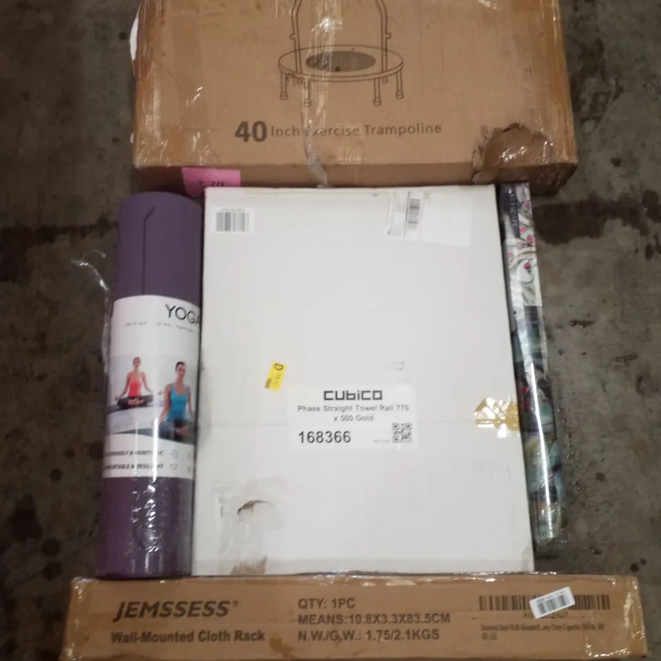 PALLET CONTAINING ASSORTED PRODUCTS INCLUDING 40" EXERCISE TRAMPOLINE, YOGA MAT, WALL-MOUNTED CLOTH RACK, TOWEL RAIL & PRIVACY WINDOW FILM