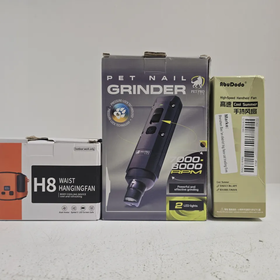 APPROXIMATELY 10 ASSORTED HOUSEHOLD ITEMS TO INCLUDE PET NAIL GRINDER, WAIST HANGINGFAN, ETC
