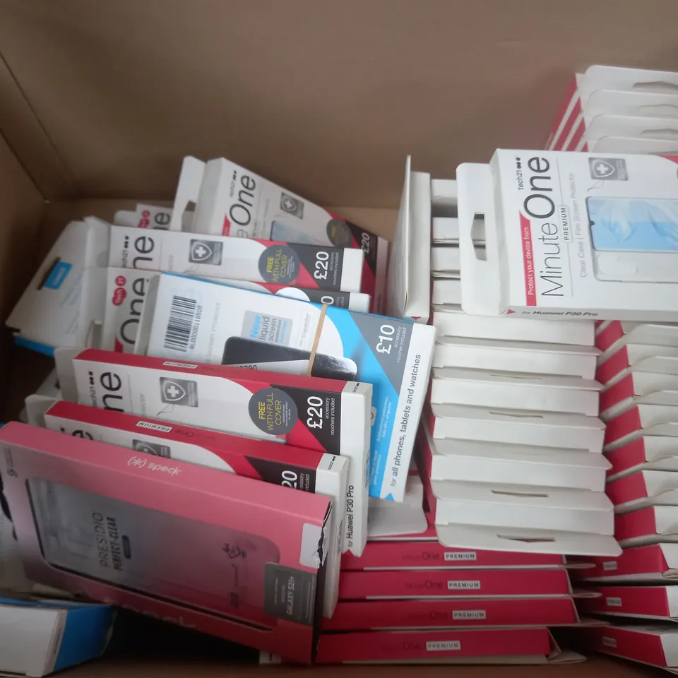 BOX OF APPROX 30 ASSORTED PHONE CASES TO INCLUDE - TECH 21 MINUTE ONE HUAWEI P30 PRO -  TECH 21 MINUTE ONE IPHONE 11 PRO -  TECH 21 MINUTE ONE IPHONE 12/12 PRO ECT