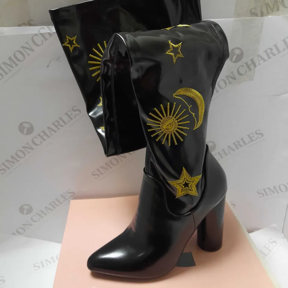 KOI ASTRID STAR AND MOON LONG HEELED BOOTS, BLACK - SIZE 3