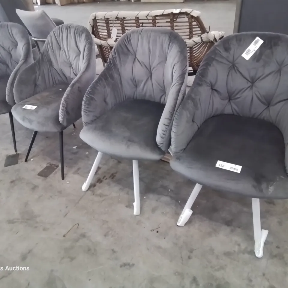 SET OF FOUR DESIGNER UPHOLSTERED TUB DINING CHAIRS GREY BUTTONED FABRIC 