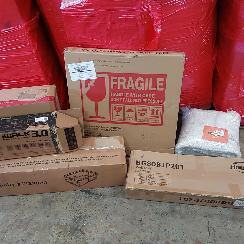 PALLET OF ASSORTED HOMEWARE AND CONSUMER PRODUCTS TO INCLUDE; LED MIRROR, WALL SHELF, BABY'S PLAYPEN, HANDS FREE CRUTCH, LARGE RUG, VERSATILE COMBINATION DRAWER ECT.
