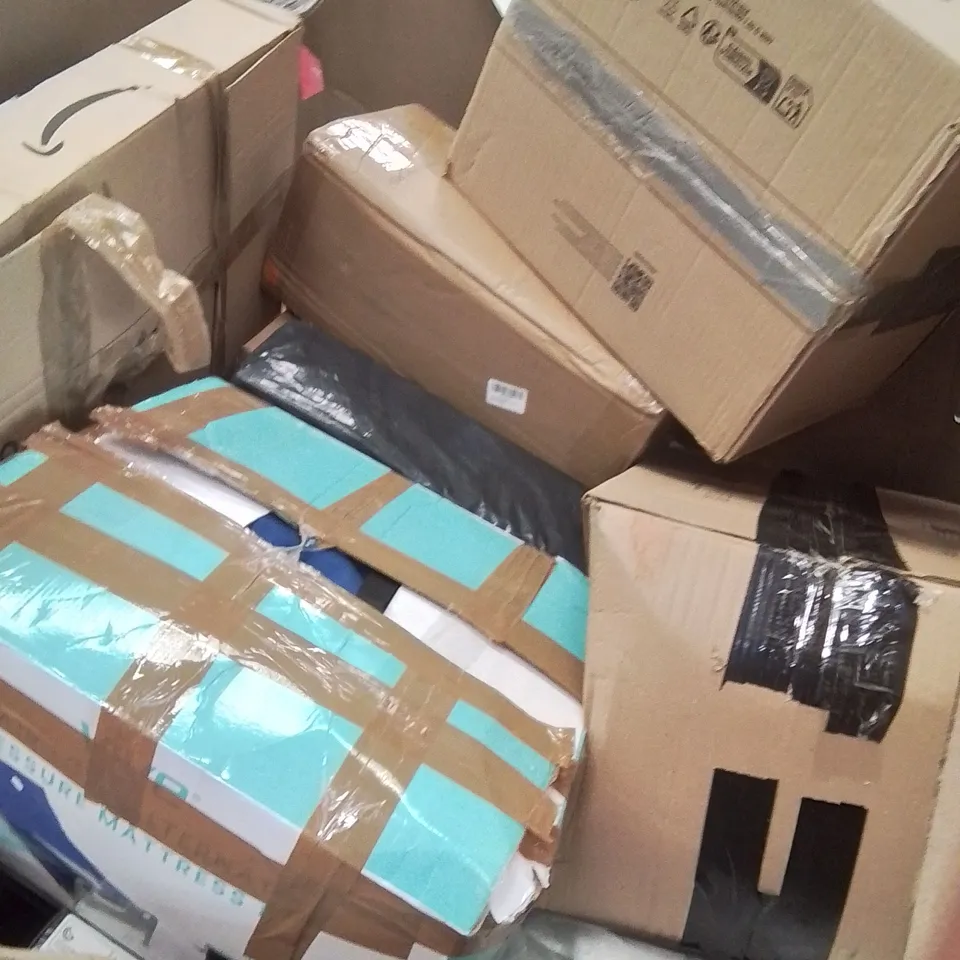 PALLET OF ASSORTED HOUSEHOLD GOODS AND PRODUCTS TO INCLUDE; PADDLE BOARD, TOILET SEAT, BLIND, BOXED FURNITURE ETC 