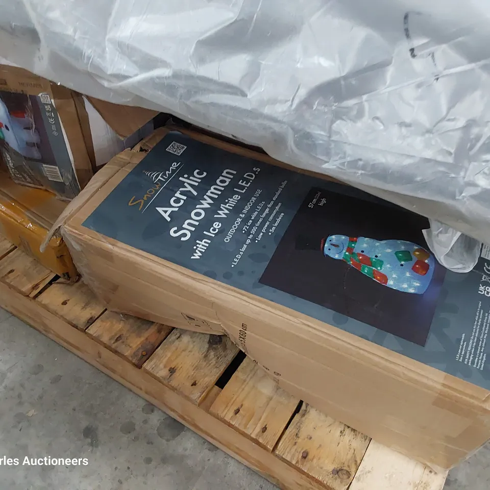 PALLET OF ASSORTED BOXED FURNITURE PARTS, HEADBOARD, TABLE TOP, RADIATOR COVER, DECORATIONS.