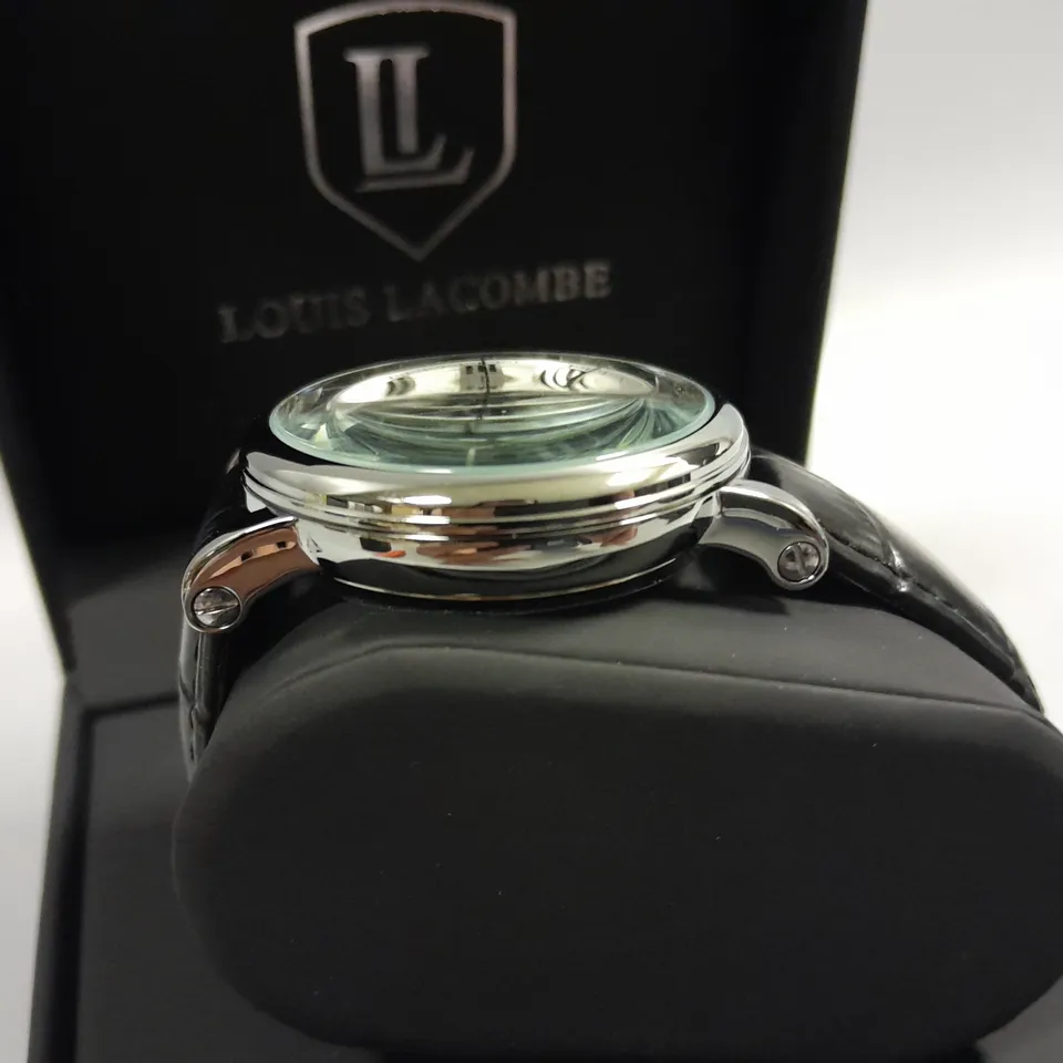 LOUIS LACOMBE CHRONOGRAPH WATCH WITH STAINLESS STEEL CASE AND BLACK LEATHER STRAP IN GIFT BOX