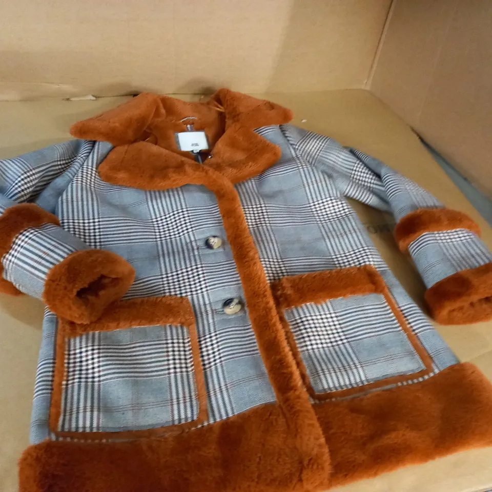 RIVER ISLAND FAUX FUR TRIMMED CHECK JACKET - 12