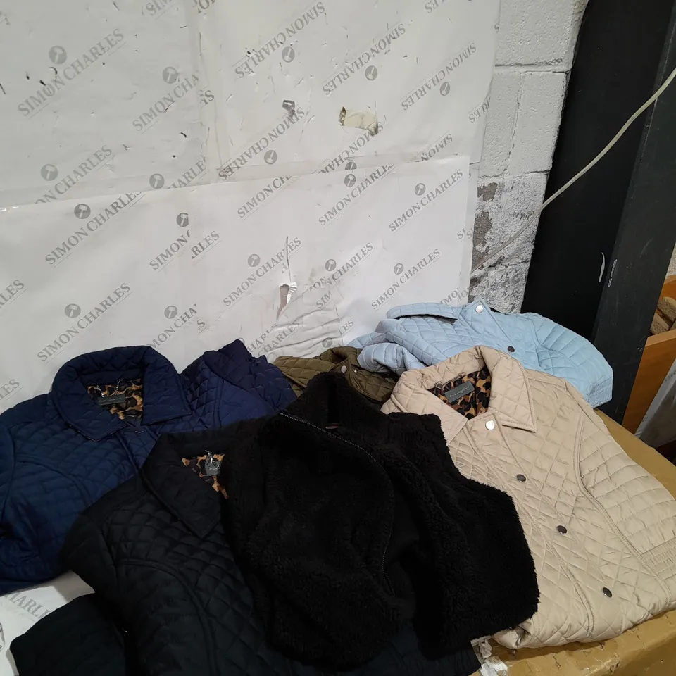 BOX OF ASSORTED WOMENS CLOTHING ITEMS TO INCLUDE COATS AND GILLETS 