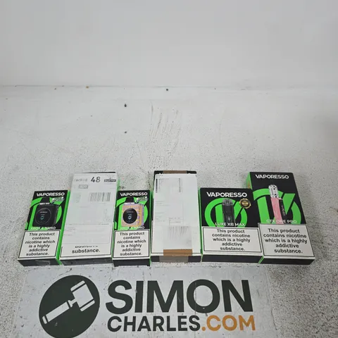 APPROXIMATELY 20 VAPORESSO E-CIG PRODUCTS AND ACCESSORIES TO IN VARIOUS COLOURS AND FLAVOURS
