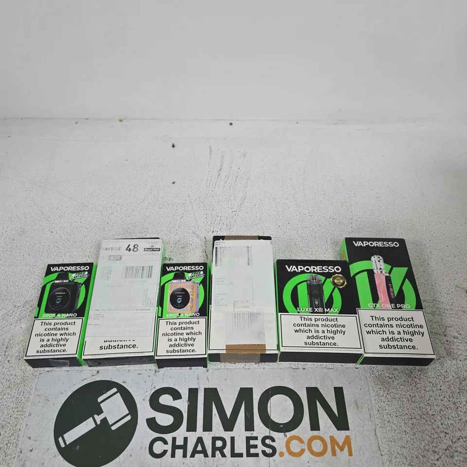 APPROXIMATELY 20 VAPORESSO E-CIG PRODUCTS AND ACCESSORIES TO IN VARIOUS COLOURS AND FLAVOURS