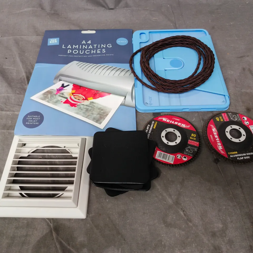 APPROXIMATELY 15 ASSORTED HOUSEHOLD PRODUCTS TO INCLUDE LAMINATING POUCHES , CUTTING DISCS , ETC 