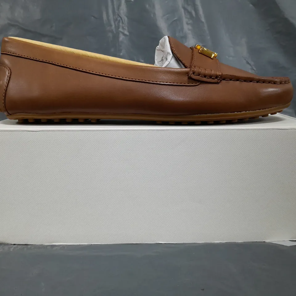 BOXED PAIR OF RALPH LAUREN LOAFERS IN BROWN SIZE UK SIZE 6