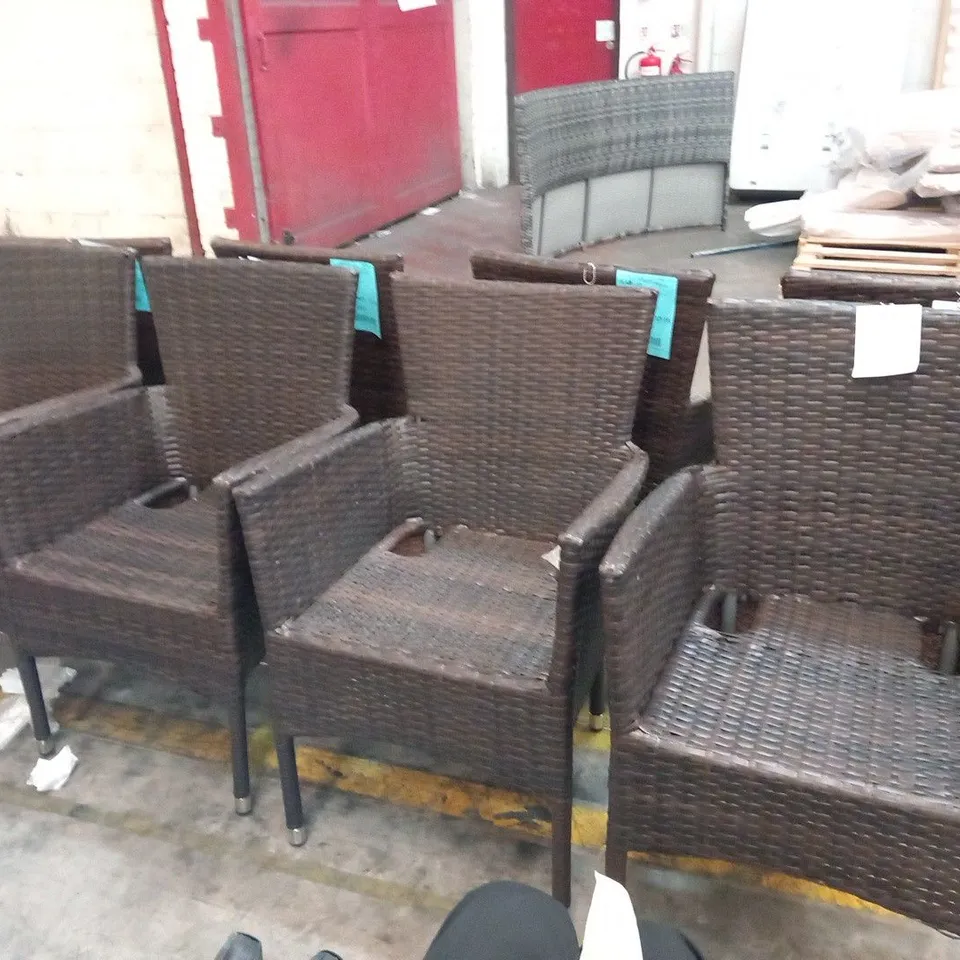 FOUR RATTAN EFFECT STACKING GARDEN CHAIRS