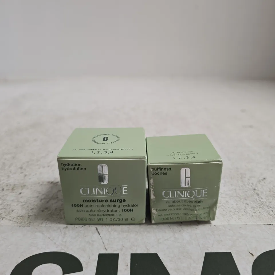 CLINIQUE MOISTURE SURGE 100H AUTO-REPLENISHING HYDRATOR & ALL ABOUT EYES RICH – 2 BOXED SKINCARE PRODUCTS