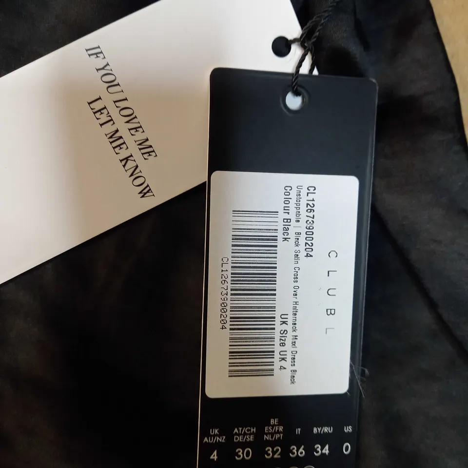 CLUB L BALCK SATIN CROSS OVER HALTERNECK MAXI DRESS - SIZE 4