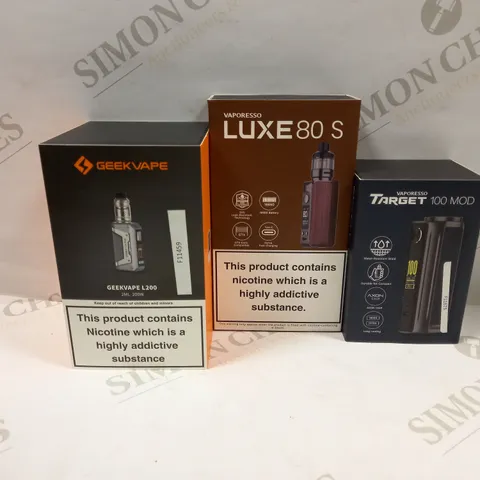 BOX OF APPROXMATELY 30 E-CIGARETTES AND LIQUIDS TO INCLUDE VAPORESSO TARGET 100 MOD, VAPORESSO LUXE 80 S, GEEKVAPE L200, ETC