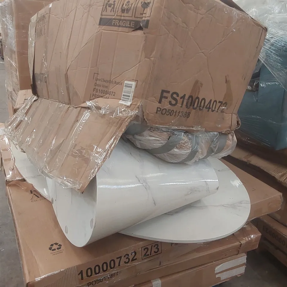 PALLET CONTAINING A VERY LARGE QUANTITY OF ASSORTED DESIGNER FURNITURE PARTS INCLUDING: SOFA PARTS, DINING TABLE PARTS ECT