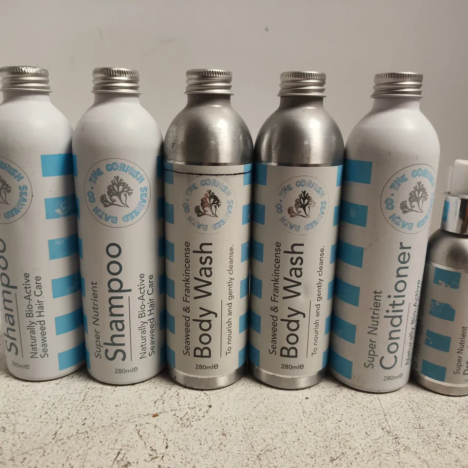 6 ASSORTED THE CORNISH SEAWEED BATH CO PRODUCTS TO INCLUDE SHAMPOO, CONDITIONER, BODY WASH, ETC
