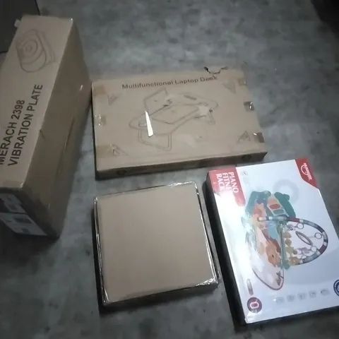 PALLET OF HOUSEHOLD ITEMS TO INCLUDE VIBRATION PLATE, LAPTOP DESK, WREATH,PIANO FITNESS RACK AND OTHER ASSORTED ITEMS...