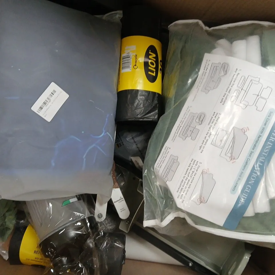 BOX OF APPROXIMATELY 12 ASSORTED HOUSEHOLD ITEMS TO INCLUDE ZIP TIES, REFUSE SACKS, ETC