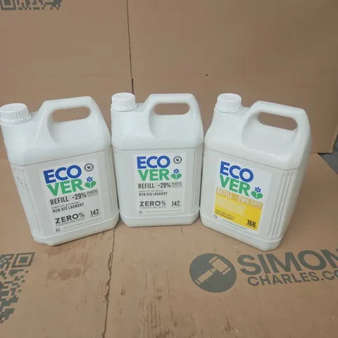 APPROXIMATELY 3 ASSORTED LARGE LIQUIDS TO INCLUDE ECOVER NON BIO LAUNDRY REFILL, ECOVER FABRIC SOFTENER REFILL