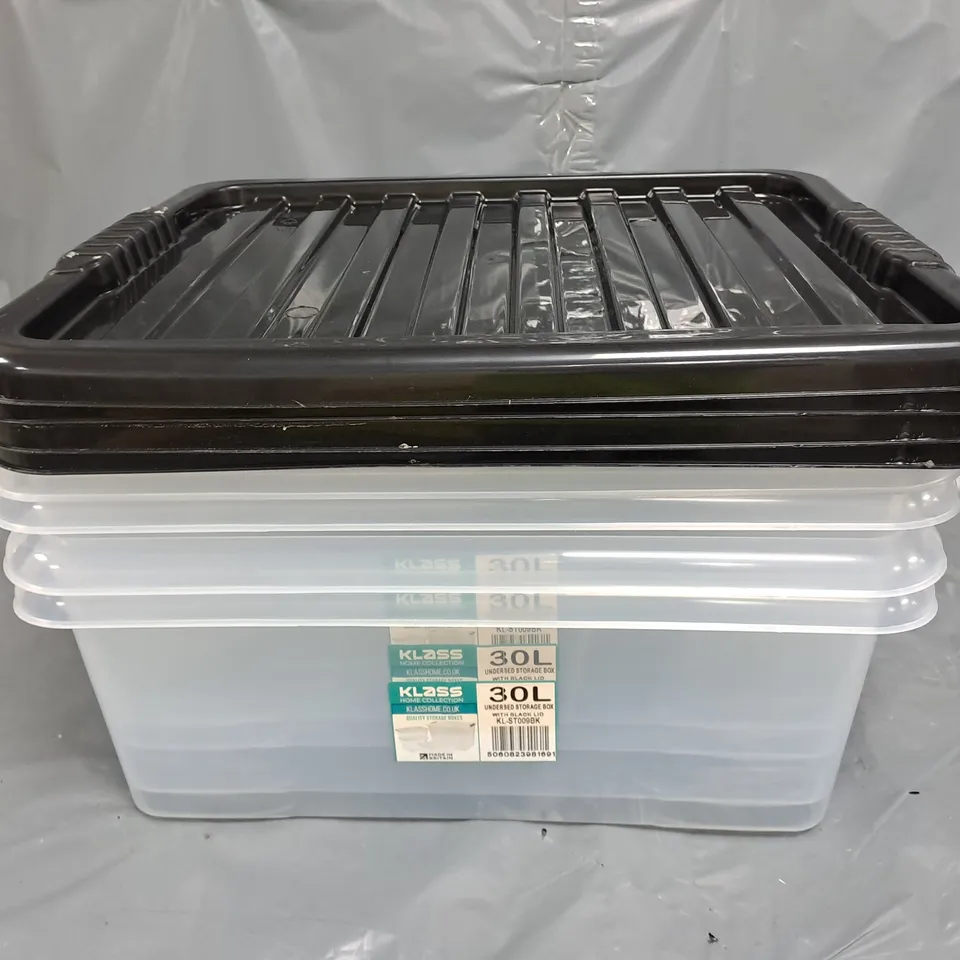 KLASS SET OF 4 PLASTIC 30L UNDERBED STORAGE BOXES WITH BLACK LIDS