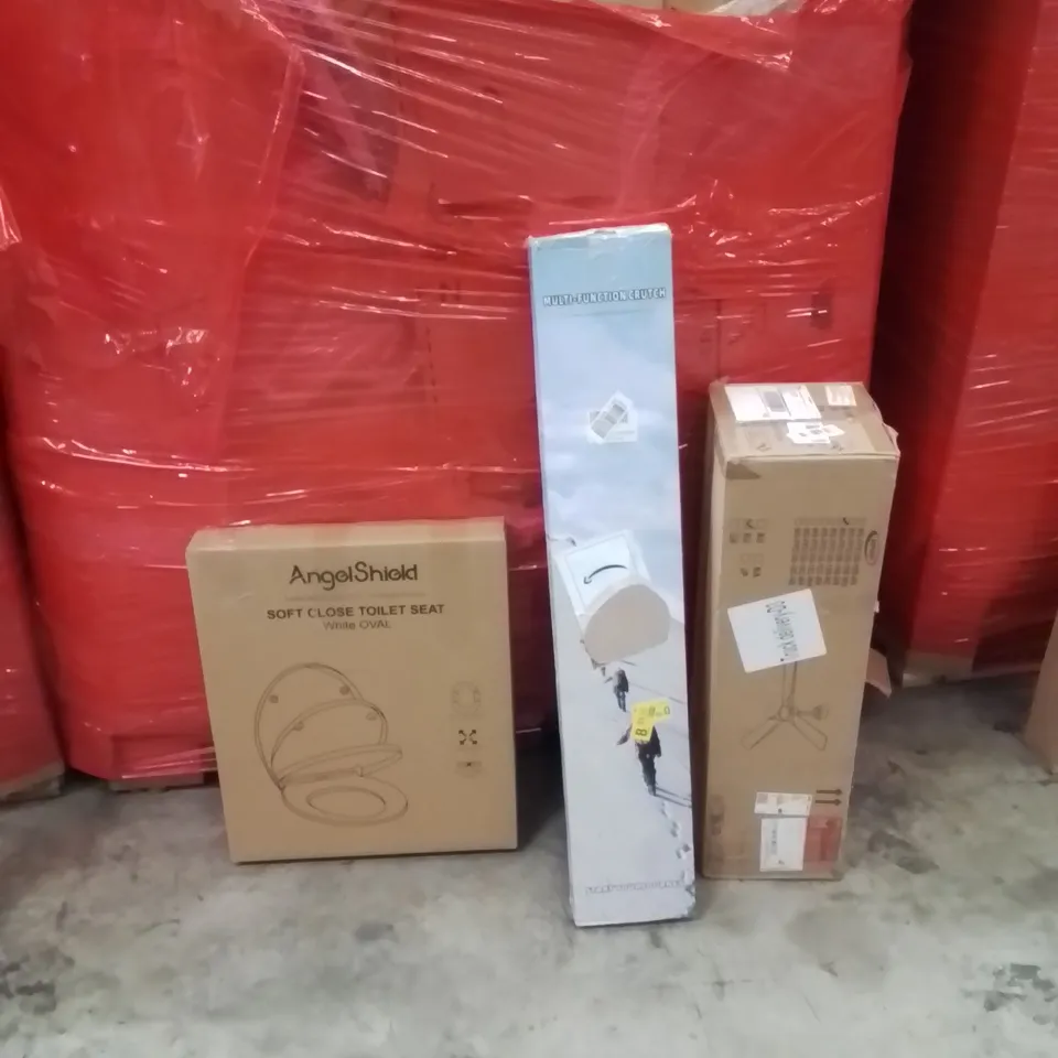 PALLET OF ASSORTED HOUSEHOLD GOODS AND PRODUCTS TO INCLUDE;TOILET SEAT,CRUTCH,CEILING FAN