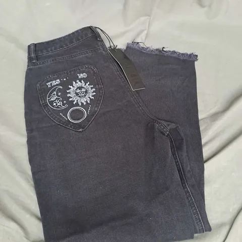 DISTURBIA PLANCHETTE EMBROIDERED DISTRESSED DENIM MOM JEANS IN BLACK SIZE 28W