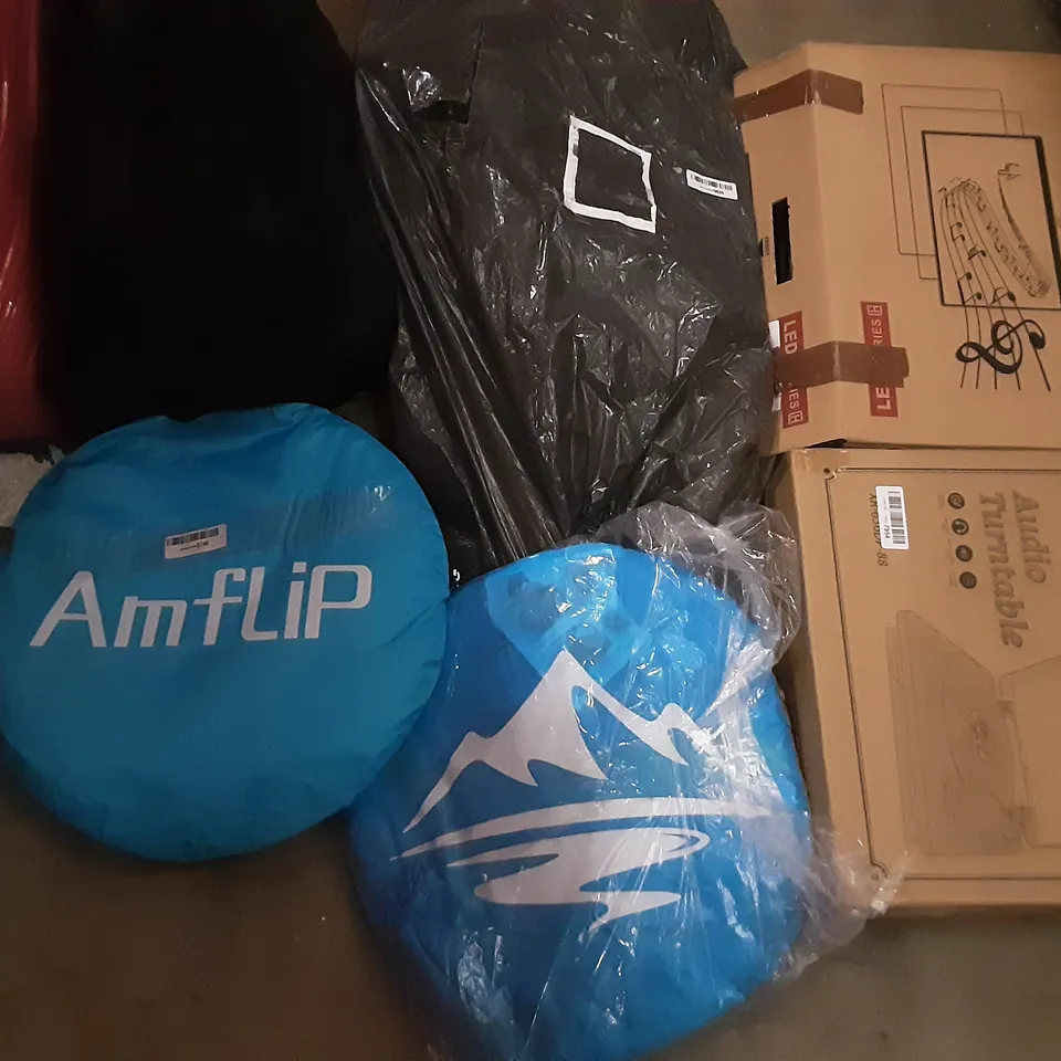 PALLET OF ASSORTED PRODUCTS INCLUDING AUDIO TURNTABLE, MAXKARE FOOT SPA MASSAGER WITH FULL ROLLER, MULTIFUNCTIONAL LAPTOP TABLE, ESJAY MAGNETIC DART BOARD, AMFLIP POP-UP TENT, XJD KIDS BALANCE BIKE