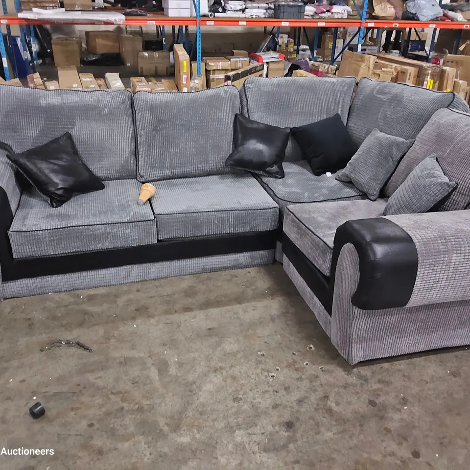 DESIGNER CORNER SOFA BLACK FAUX LEATHER & GREY JUMBO CHORD