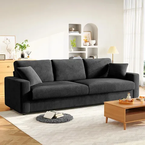 BOXED MODERN 256CM CORDUROY SOFA, WIDE ARMREST, OVERSIZED SOFA SUITABLE FOR LIVING ROOM SOFA - BLACK